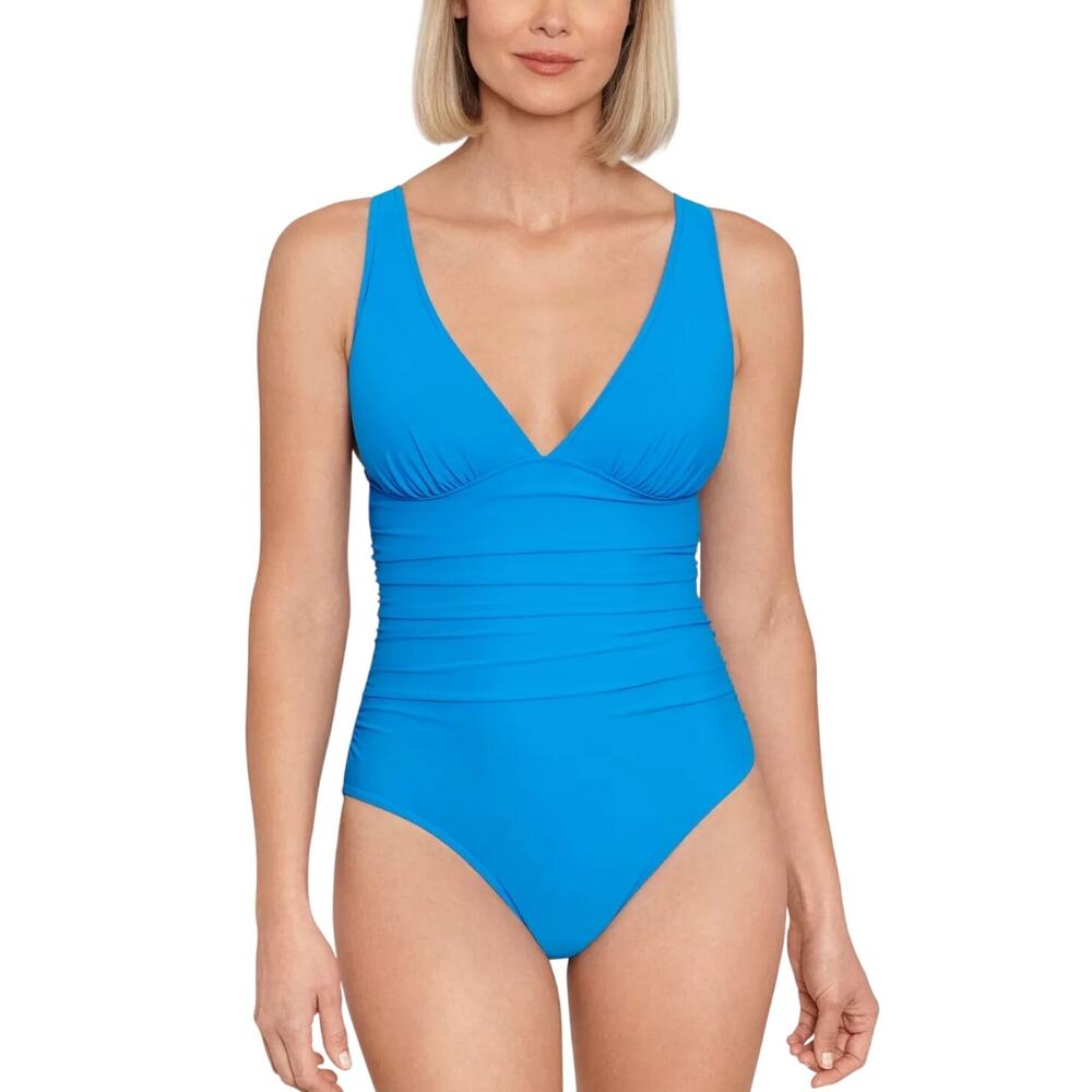 Swim Solutions Women's Tummy-Control Plunge One-Piece Swimsuit In Copen Blue - Picture 1 of 6